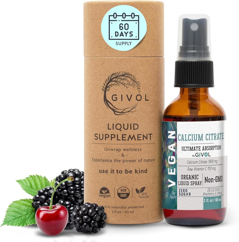 Calcio líquido citrato 1000mg &amp; Vitamina cruda C 150mg Líquida de esparcimiento para absorción óptima, cereza silvestre " BlackBerry Flavor, suplemento de calcio, no GMO, sin gluten, sin azúcar 2oz (60ml)