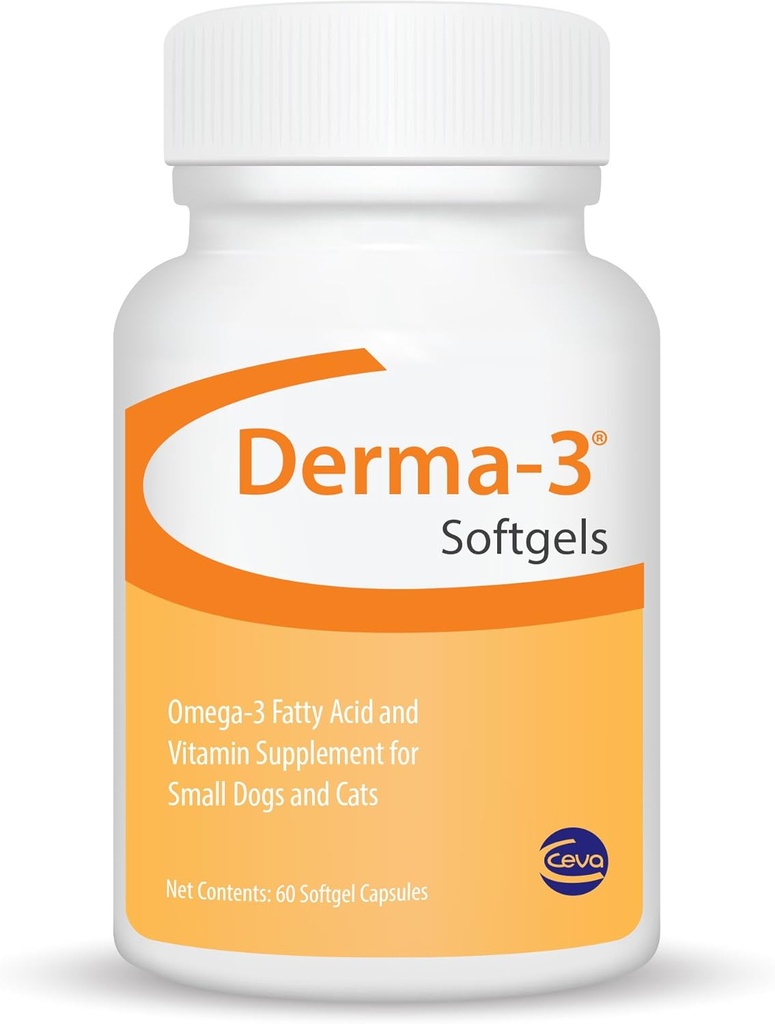Ceva Derma-3 Softgels, Omega-3 Fatty Acid & vitamina Suplemento para perros pequeños + gatos (60 Conde)