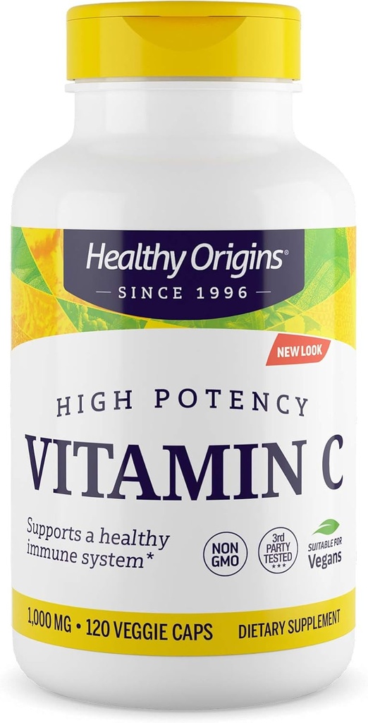 Orígenes saludables Vitamina C 1000 mg (No-GMO testado, alta potencia, apoyo inmunológico, Vegan), 120 cápsulas vegetales