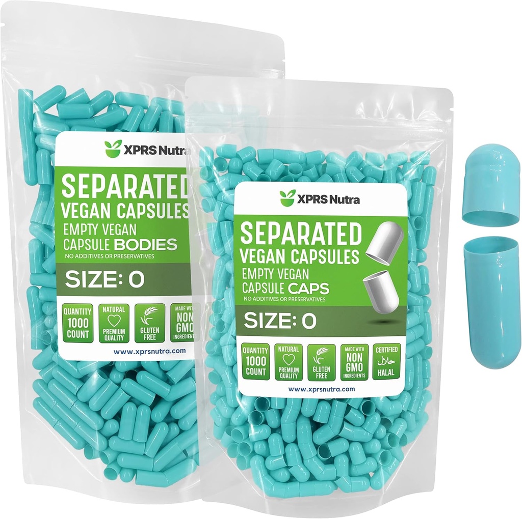 XPRS Nutra Vegan Tamaño 0 cápsulas separadas - 1000 cápsulas de vacío Premium Separados en bolsas - píldoras 0 para relleno de suplemento DIY (Aqua)