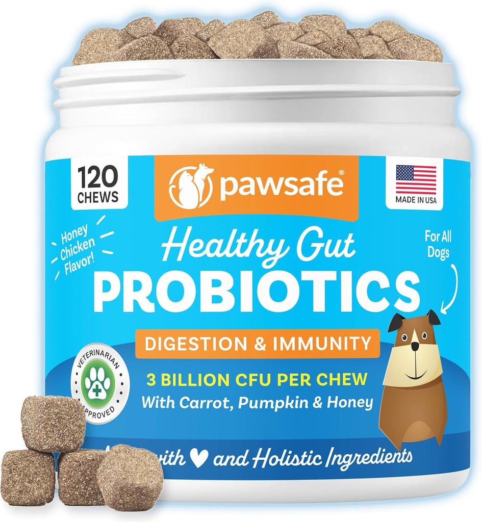 Probióticos para perros, Sabor de pollo a la miel, 120 Mandíbulas suaves para la salud digestiva, Suplemento de apoyo inmune, Alivio de gas, Anti-Diarrea, Ayuda con alergias, estómagos de aparición, levadura y picazón