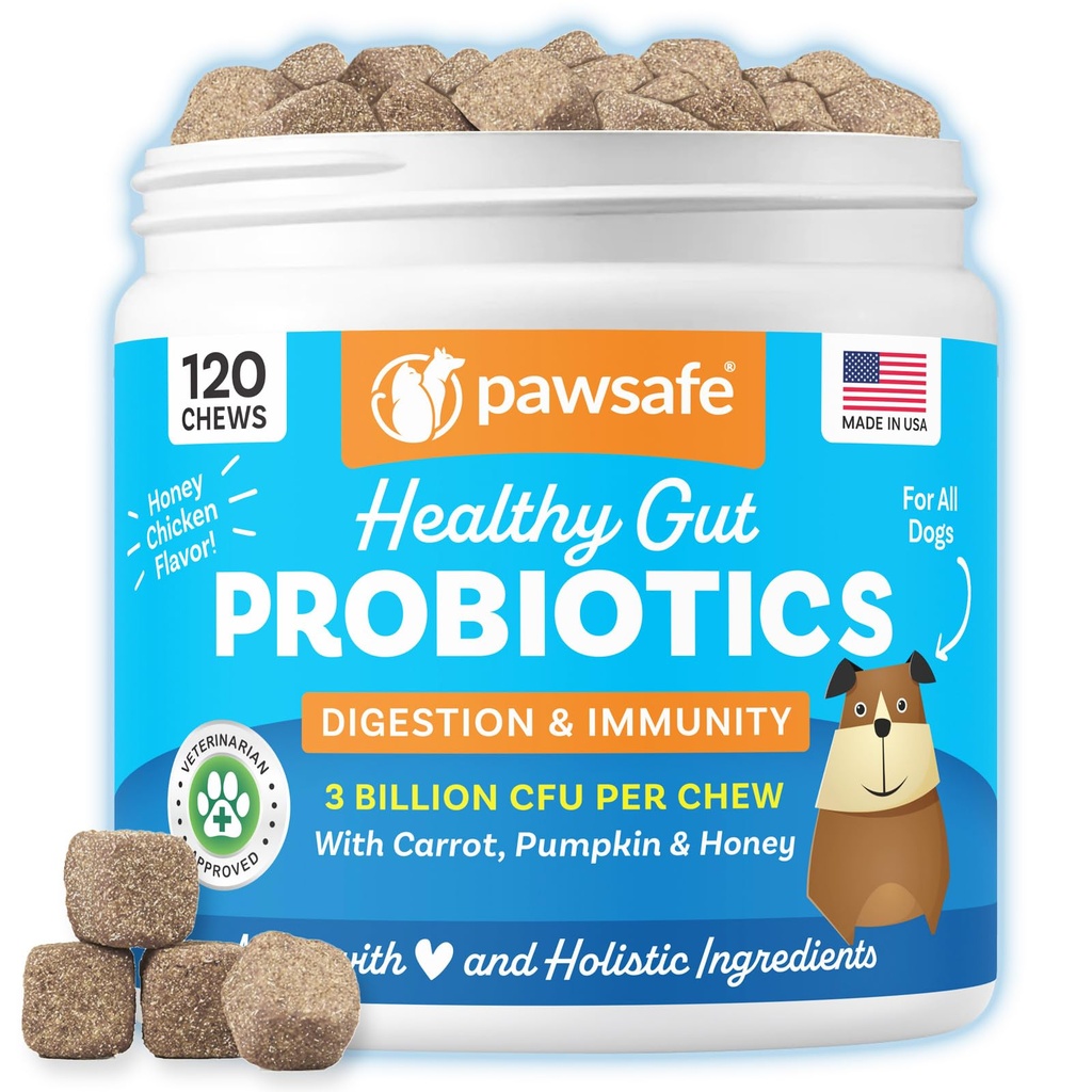 Probióticos para perros, Sabor de pollo a la miel, 120 Mandíbulas suaves para la salud digestiva, Suplemento de apoyo inmune, Alivio de gas, Anti-Diarrea, Ayuda con alergias, estómagos de aparición, levadura y picazón