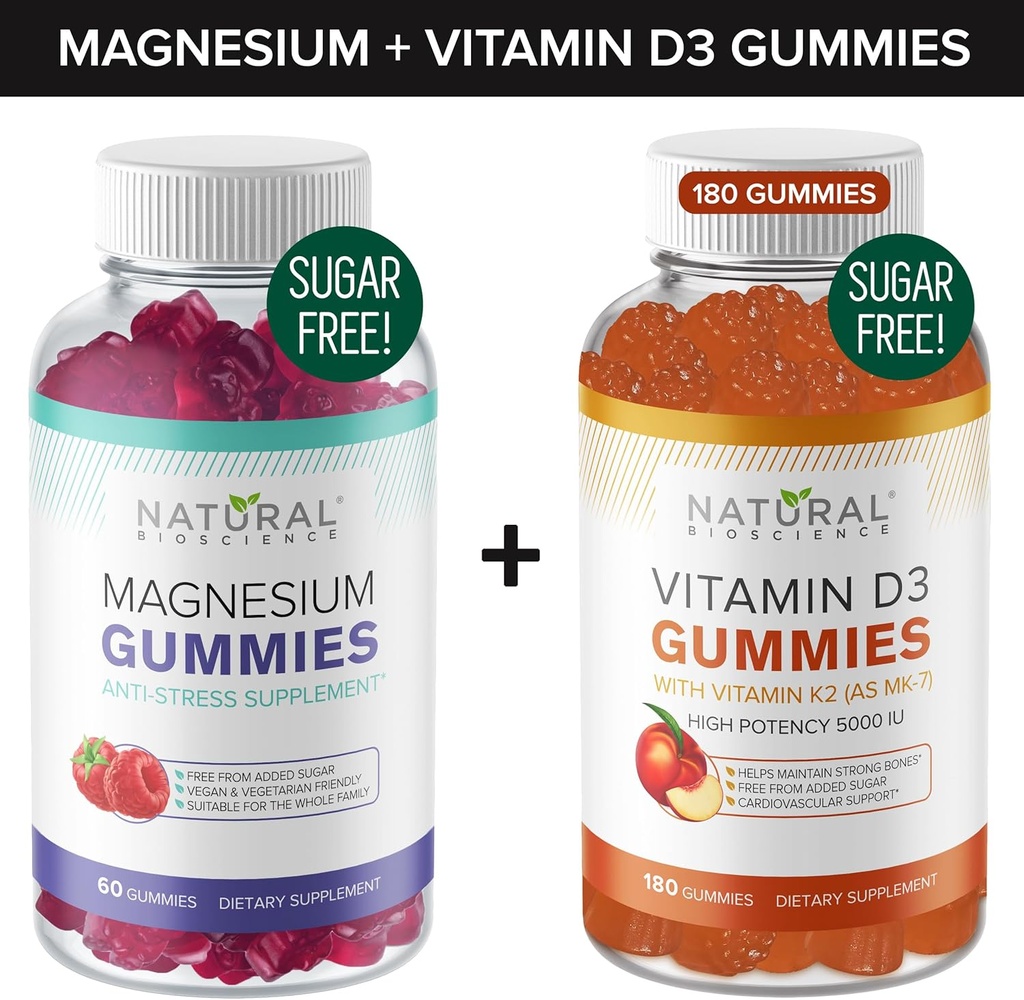 Gummies de Magnesio Libre de Azúcar (60 Gummies) " Gummies de Vitamina D Libre de Azúcar (180 Gummies) – Apoyo Inmune " Calmness Value Bundle, Gelatin-Free, Gluten-Free, Vegetarian, All Natural, GMO-Free, Kosher