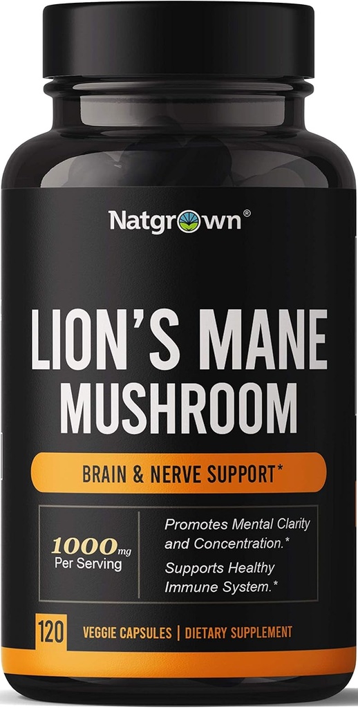 Natgrown Lions Mane Mushroom Supplement Capsules - Organic Lion's Mane Extract Nootropic Brain Supplement for Men &amp; Women - Promotes Mental Clarity, Focus, and Memory - Vegan Pills
