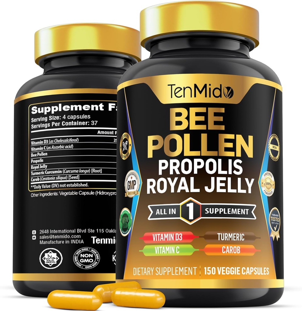 Bee Pollen Capsules for Men and Women, 7-in-1 Formula with Propolis, Royal Jelly, Turmeric, Carob &amp; More - Energy, Immune, Digestive Support - Rich in Nutrient, Vitamins - 150 cápsulas