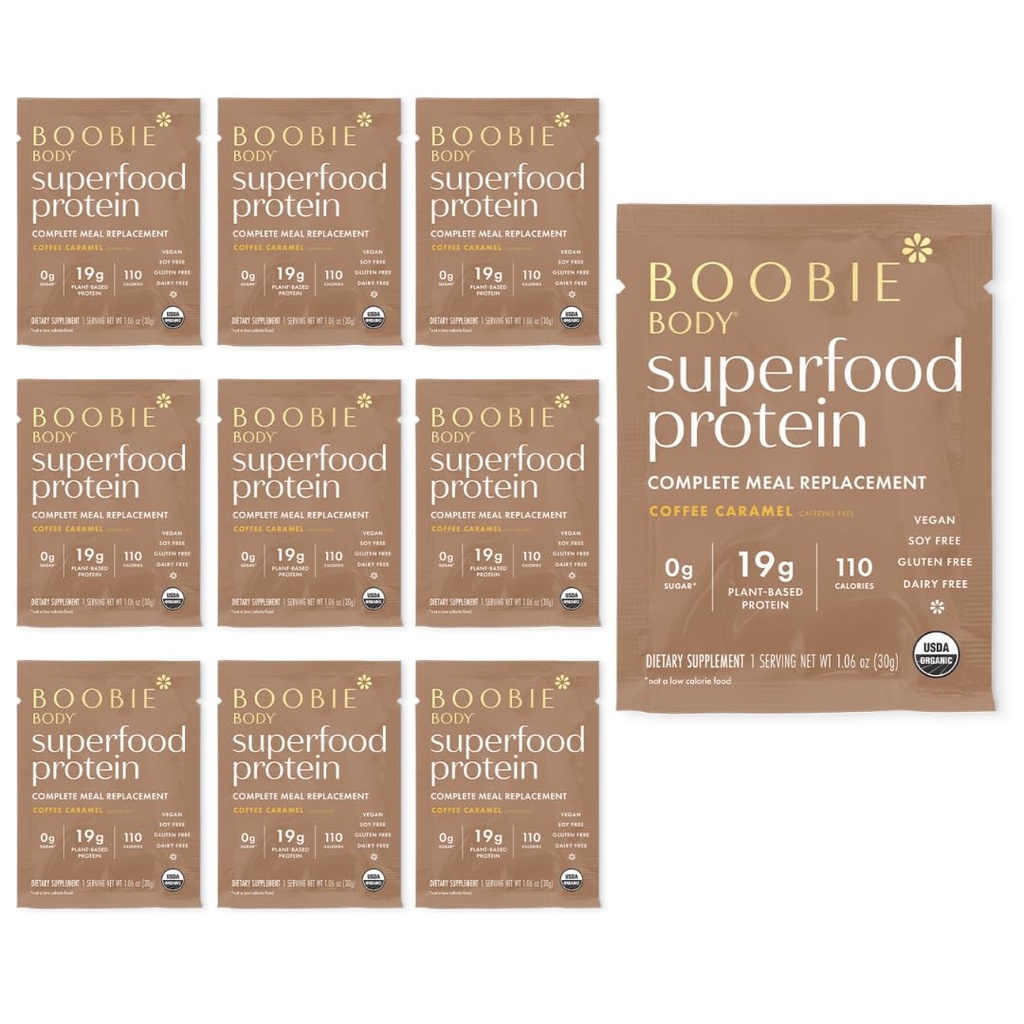 Boobie Body Superfood Protein Meal Replacement Shake, Coffee Caramel Flavor  19g Protein ← Safe For Pregnancy, Lactation, " Motherhood peru Organic, Vegan, Zero Sugar, 10 Single Serve Packets (1,06 oz cada uno)
