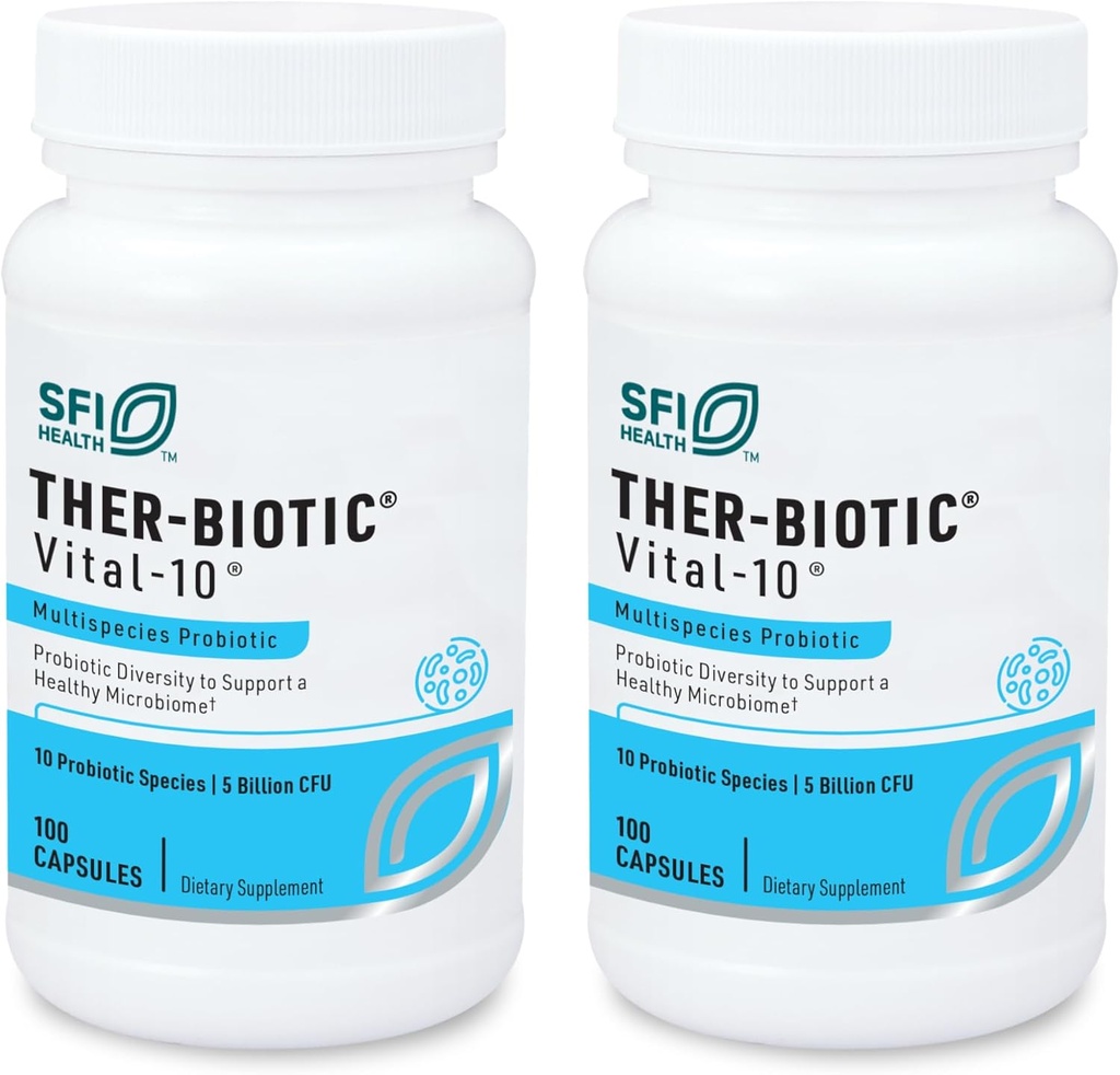 Klaire Labs SFI Health Vital-10 Probiotic - Immune " Digestive Support Supplement 5 Billion CFU 10 Especies with Lactobacillus, Bifidobacterium " Streptococcus, Dairy-Free (100 cápsulas, 2 Pack)