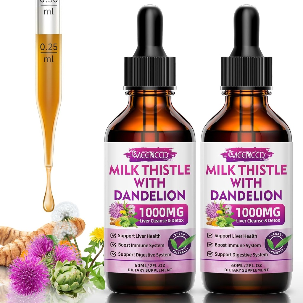 2 Pack Milk Thistle Liquid Drops - Liver Cleanse Detox " Repair - 1000mg Milk Thistle Supplement for Liver Support, Silymarin Liver Supplement for Liver Health, Vegan, Non-GMO, 4 Fl Oz