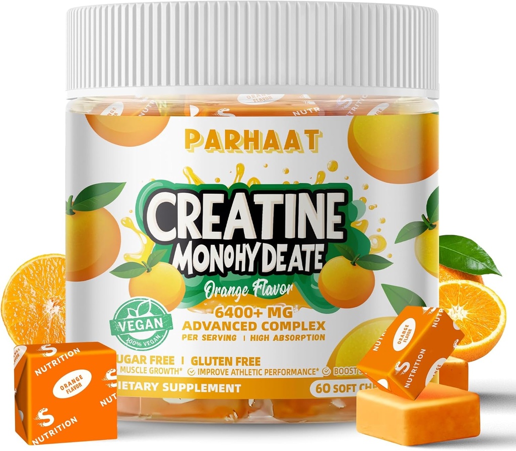 Cretina Monohydrate Chews Complex 6400mg for Men &amp; Women -Advanced Fórmula W/L-Taurine + Vitamina B12, Sugar Free Chewable Suplemento,60 Orange Softchews