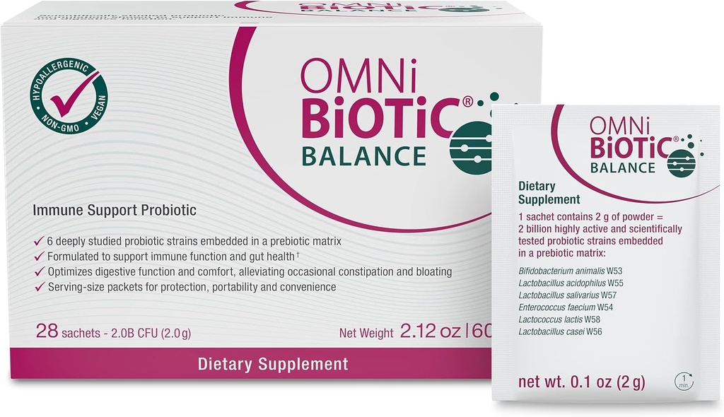 OMNi BiOTiC Balance Probiotic Immune Support - Bifidobacterium " Lactobacillus - Hypoallergenic - Immune Booster Supplement for Men and Women - Non-GMO (28 Daily Packets)