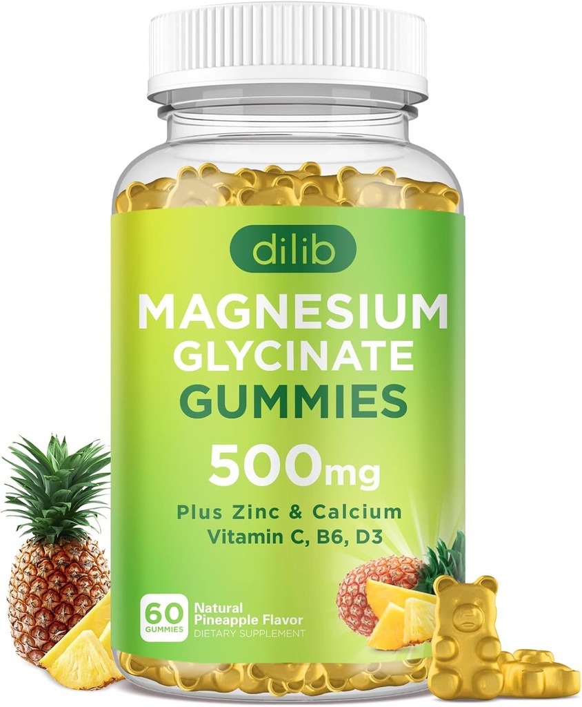 Magnesium Glycinate Gummies 500mg Magnesium Suplemento con Calcio, Zinc, Vitamina C, B6, D3-Calm Gummies Chewable para Adultos-Sleep, Mood &amp; Muscle Support-Pineapple Flavor, 60 Gummies