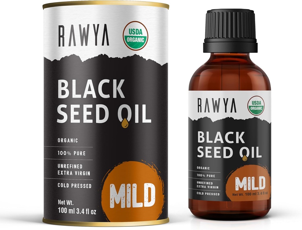 RAWYA Black Seed Oil - Cold Pressed - Black Cumin Seed - Premium Nigella Sativa - Omega 3 6 9 - Kalonji para la piel y el cabello saludable - No GMO, sin gluten - Aceite de bienestar - sabor suave - 3.4 Fl Oz