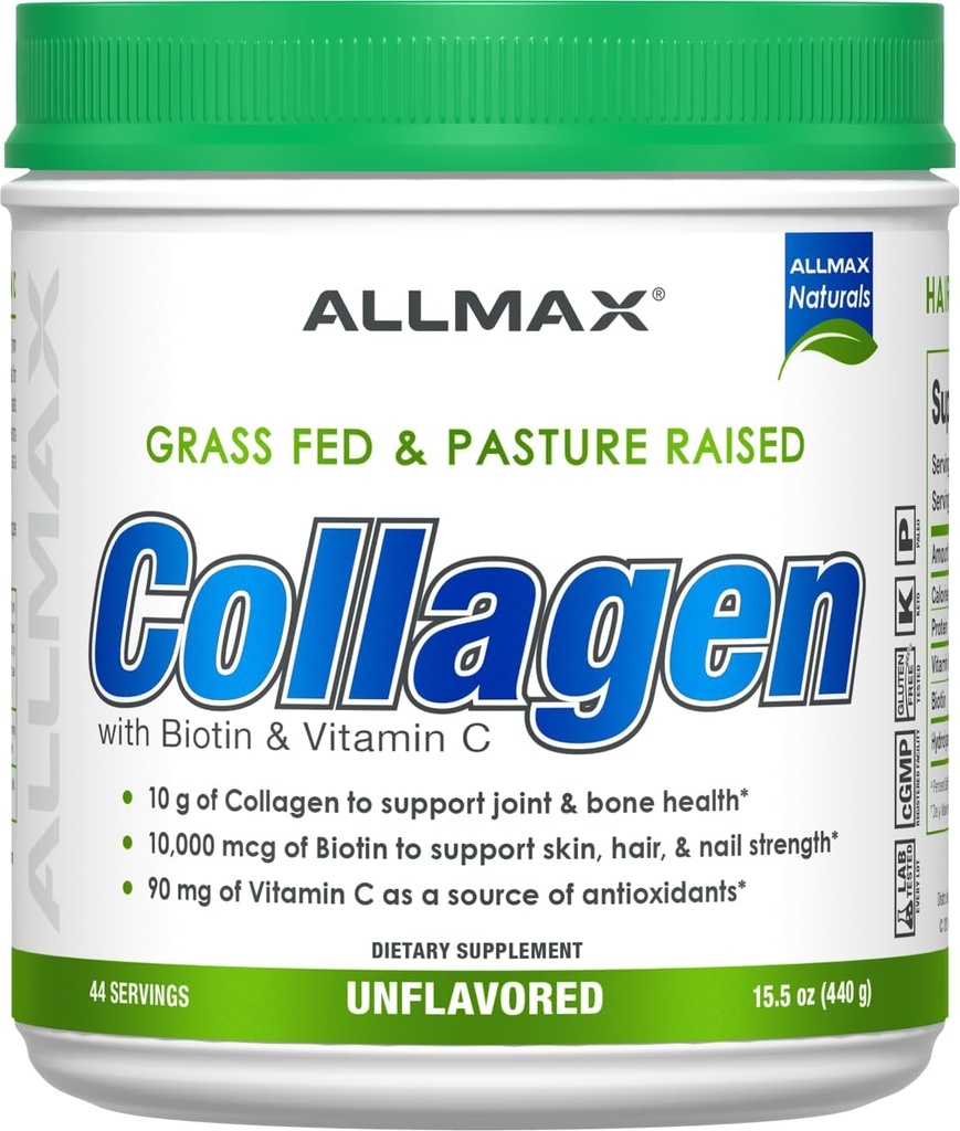 ALLMAX Nutrition Grass Fed & Pasture Raised Collagen with 10,000 mcg Biotin + 90 mg Vitamin C, Unflavored, 15.5 oz (440 g)