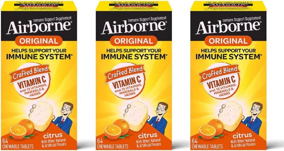 Vitamina C 1000mg (por servicio) - Citrus Chewable Tablets (64ct/Box), Gluten-Free Immune Support Suplemento, Vitaminas A C E, ZINC, Selenium, Echinacea, Ginger, Antioxidantes (3-Pack)