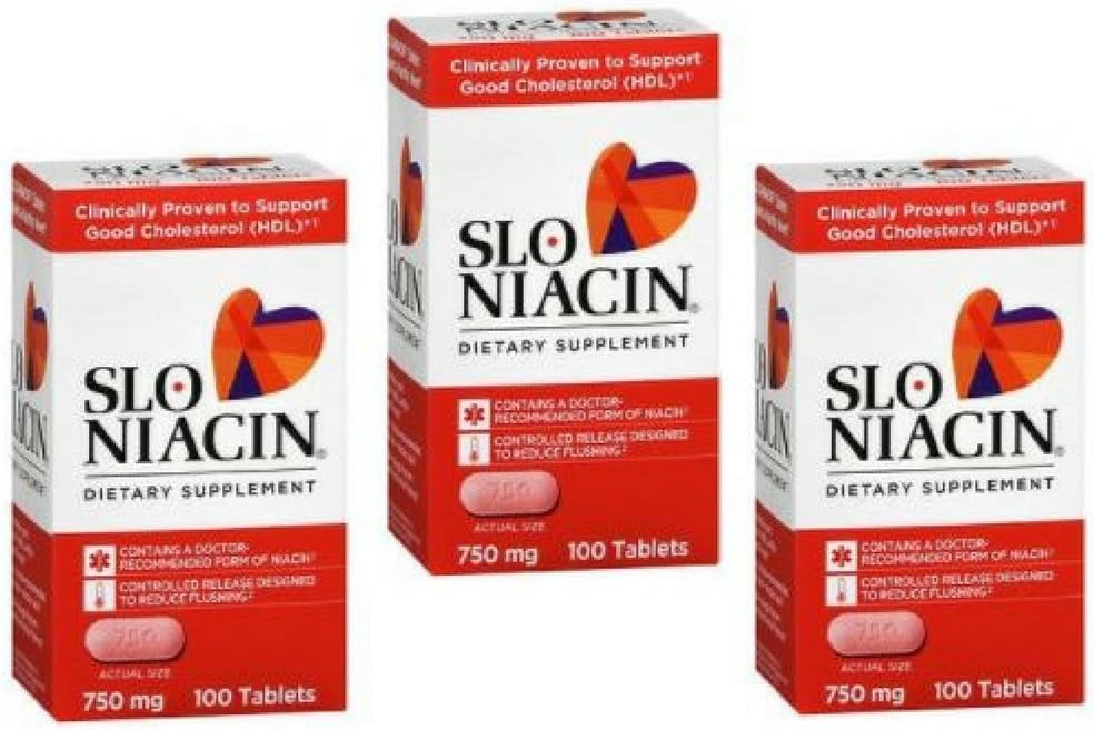 SLO-NIACINA Suplemento dietético Una vez al día con 750 mg Niacina Vitamina B del ácido nicotínico para alta absorción 100 Tabletas por botella 3 pack