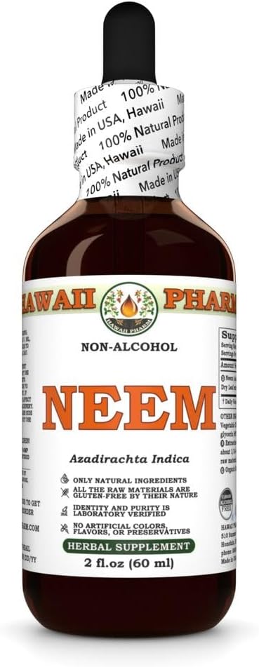 Extracto líquido libre de alcohol, Neem orgánico (Azadirachta Indica) Leaf seco Glycerite Natural Herbal Suplemento, Hawaii Pharm, USA 2 fl.oz