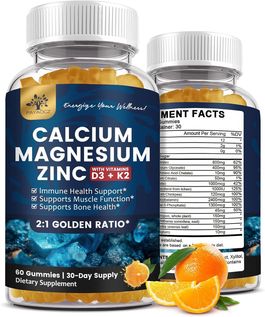 (2 Pack) Calcio Magnesio Zinc Gummies con vitamina D3, K2, B12 &amp; B6 para adultos, Azúcar Glycinate con Potasio Sea Moss Suplemento, Calcio Citrato para Bone Mood &amp; Sleep Support