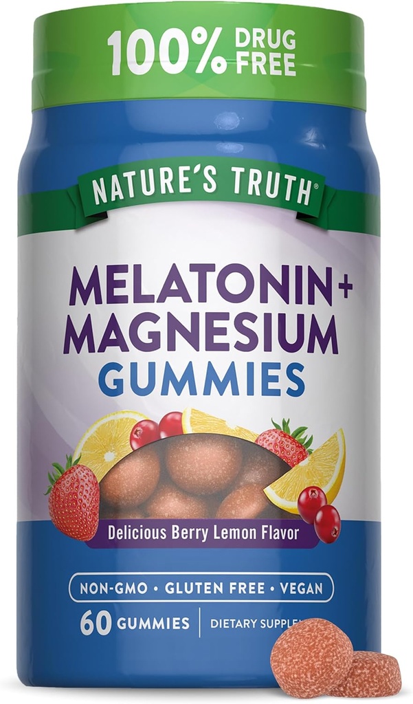 La verdad de la naturaleza Melatonina con las Gummies de Magnesio 60 Conde ← Berry Lemon Flavor  Vegan, Non-GMO &amp; Gluten Free Supplement