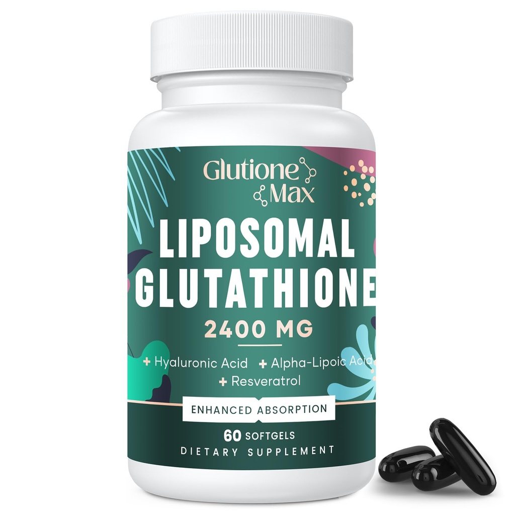 8-en-1 Glutathione Liposomal 2400 MG, Fórmula Antioxidante de alta absorción – con ácido hialurónico, ácido alfa-Lipoico, Resveratrol - Skin, Sistema desintoxicación del hígado, 60 Softgels