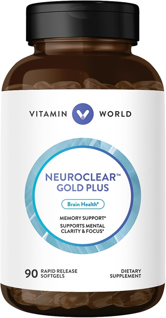 Vitamina World NeuroClear Gold Plus 90 Softgels, Phosphatidylserine, DHA, Ginkgo Biloba, apoya el enfoque cerebral y mental, liberación rápida, sin gluten