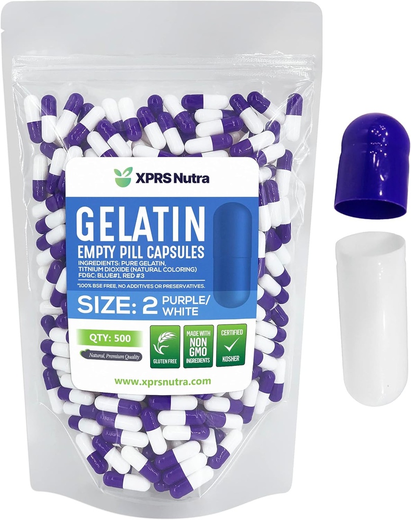 XPRS Nutra Size 2 Empty Capsules - 500 Count Empty Gelatin Capsules - Pills DIY Capsule Filling - Pure Bovine Pill Gel Caps for Do-It-youself Supplements (Purple/White)