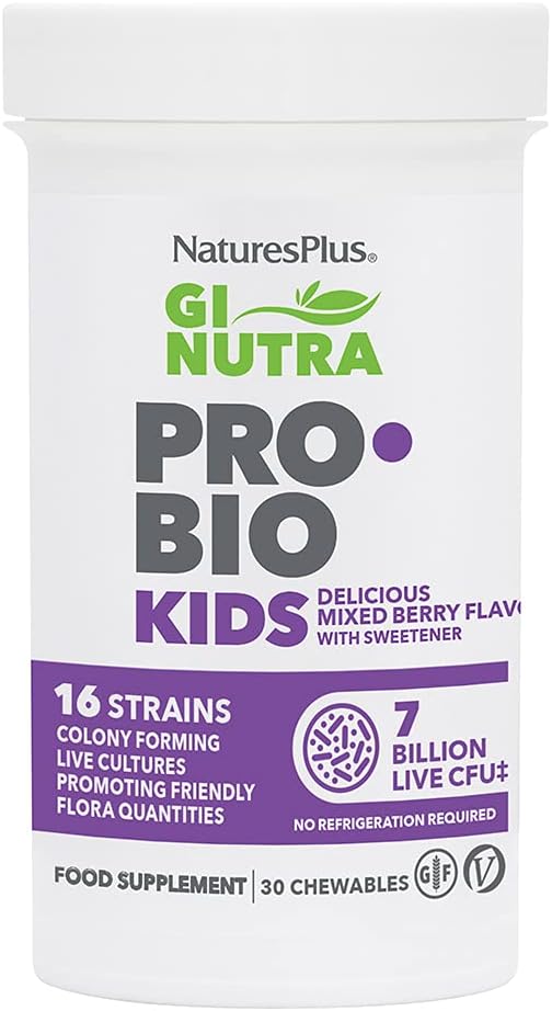 Natures Plus GI Natural Probiotic Kids, Mixed Berry - 30 Chewables - Digestive &amp; Immune Health Just for Kids - Gluten Free - 30 Servings