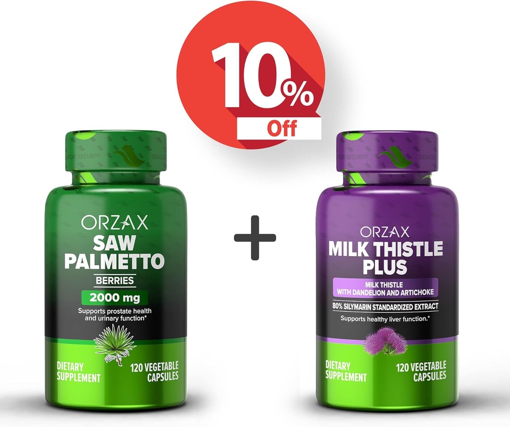 ORZAX Saw Palmetto 2000 mg 120 Vegatable Capsules and Milk Thistle Plus with Dandelion 120 Vegatable Capsule, Bundle