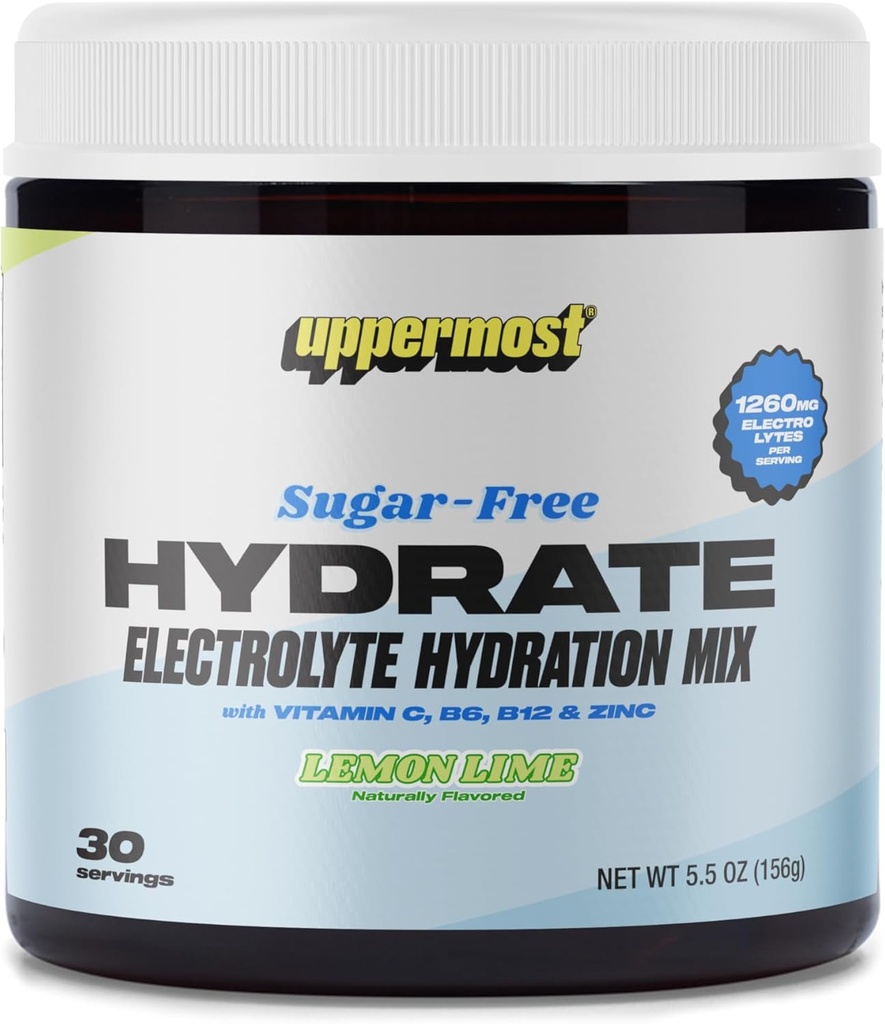UPPERMOST Hydrate Hydration Keto Electrolytes Powder No Sugar Drink Mix - Naturally Flavored & sweetened - with Vitamin C, B6, B12 & Zinc - 30 Servings (Lemon Lime)