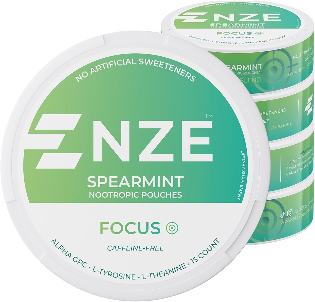 NZE Caffeine Free Nootropic Pouches (Spearmint) - Nootropic Pouches with Alpha GPC, L-Tyrosine &amp; L-Theanine - No Sugar or Artificial Sweeteners - 15 Nicotine Free Pouches Per Can - 5 Pack