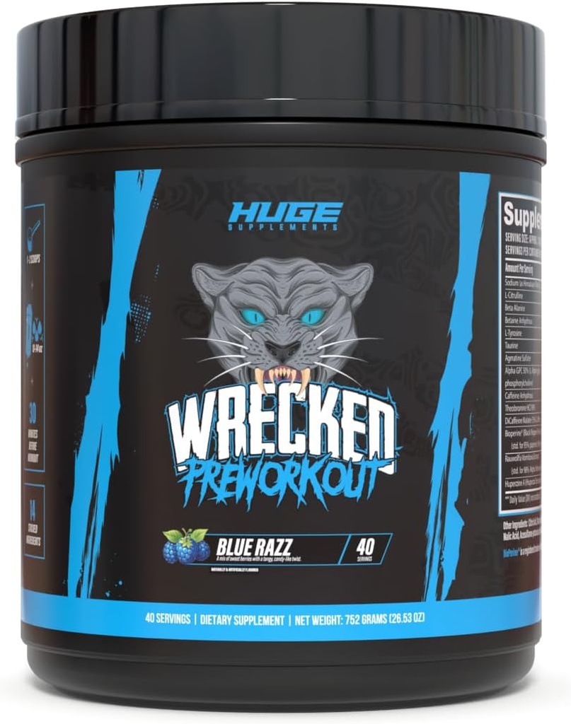 Wrecked Pre Workout Powder, Advanced Formula, Boosts Energy, Focus, Pumps & Performance, 10g L-Citrulline, 6.4g Beta Alanine, 5g Tyrosine, 1g Alpha GPC, 375mg Fast-Acting Caffeine &amp; More (40 Servings)
