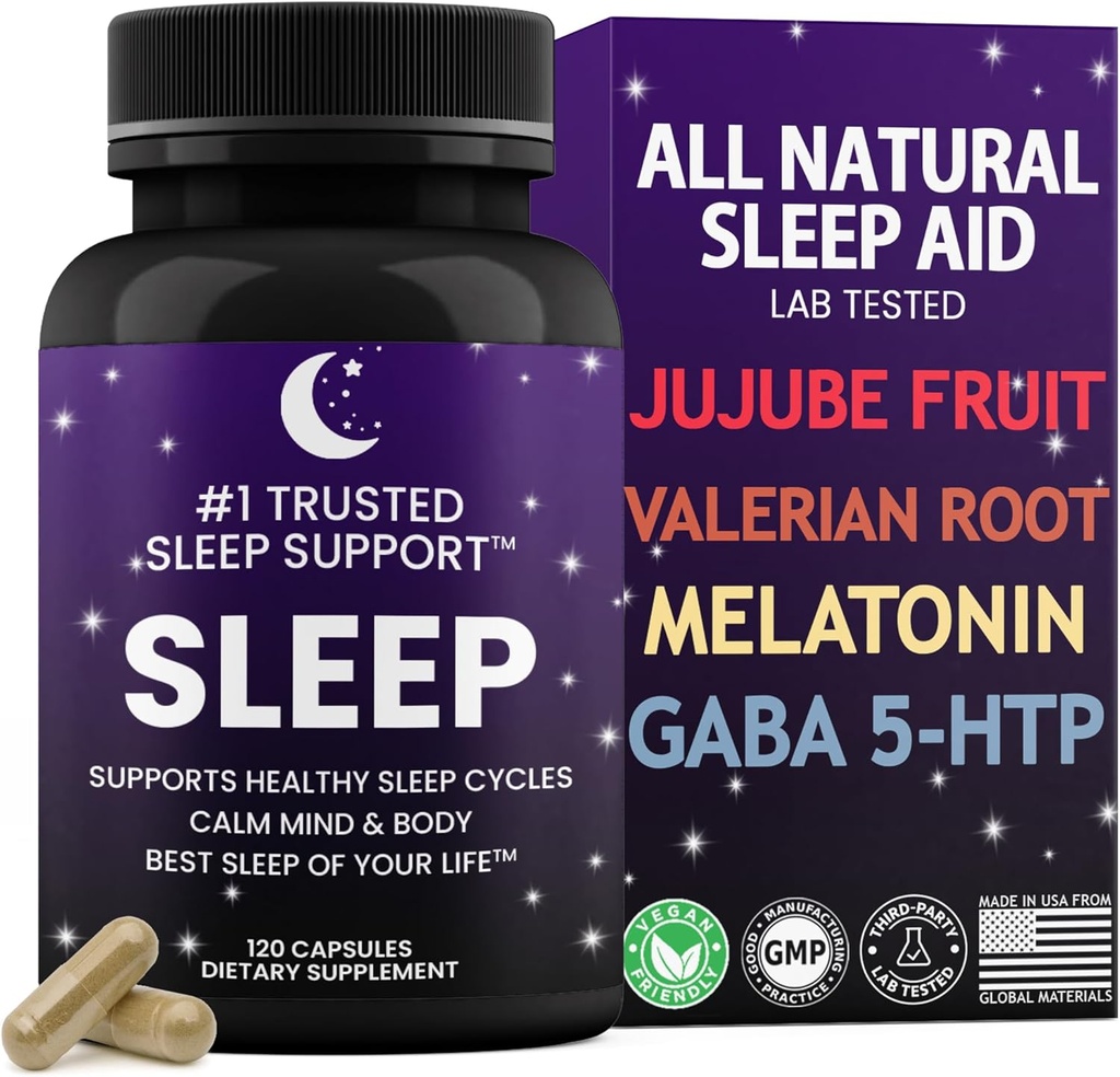 Ayuda para el sueño natural para adultos Bestando sueño de su vida Valerian Root GABA 5-HTP Melatonin 120 Non-Habit Forming Capsules Lab Tested