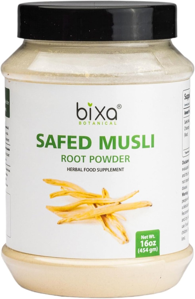 bixa BOTANICAL Ayurvedic Natural Herbal Suplemento Safed Musli Powder Pura Authentic Premium Calidad TEN Gluten Free, Non-GMO, Steam Sterlized, Vegan (16 onza (Pack of 1), Safed Musli Powder)