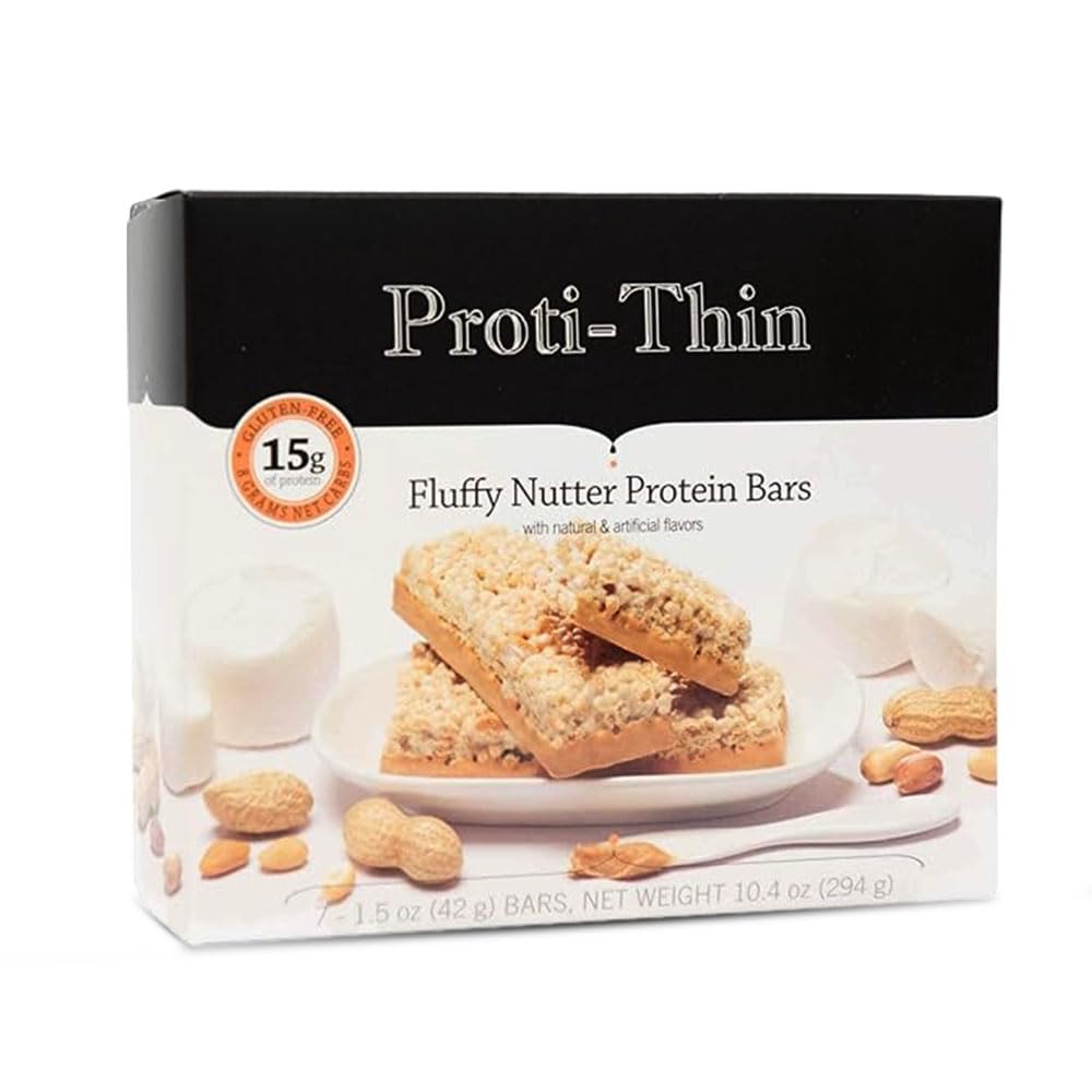 Proti-Thin Fluffy Nutter Protein Bares, 15g Protein, Baja Calorie, Muy Bajo Carb (VLC), Bajo Grado, Alta Fibra Snack Bar, KETO Diet Friendly, Ideal Protein Compatible, Sin Ingredientes Gluten, 7 /Box