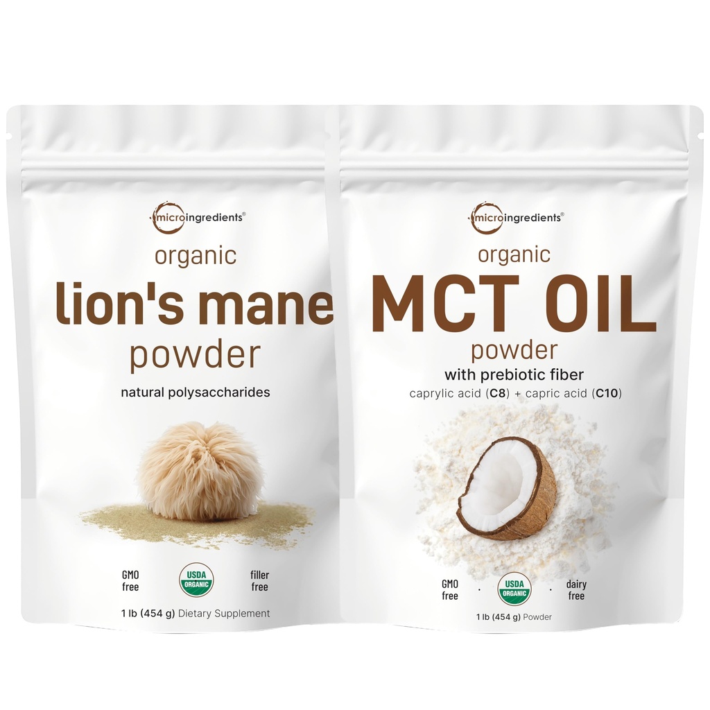 Micro Ingredientes MCT Oil Powder con fibra prebiótica &amp; Lions Mane Mushroom Suplemento Powder Bundle 2 Pack ← C8 MCT Oil for Coffee Creamer ← Superfood natural for Brain, Energy, &amp; Immune Health