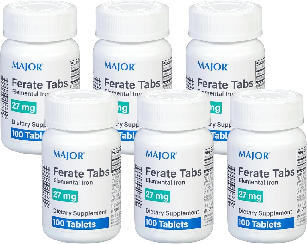 Major 27 mg Ferate Tabs - Ferrous Gluconate Elemental Iron Dietary Supplement - 100 Count (6 Pack)