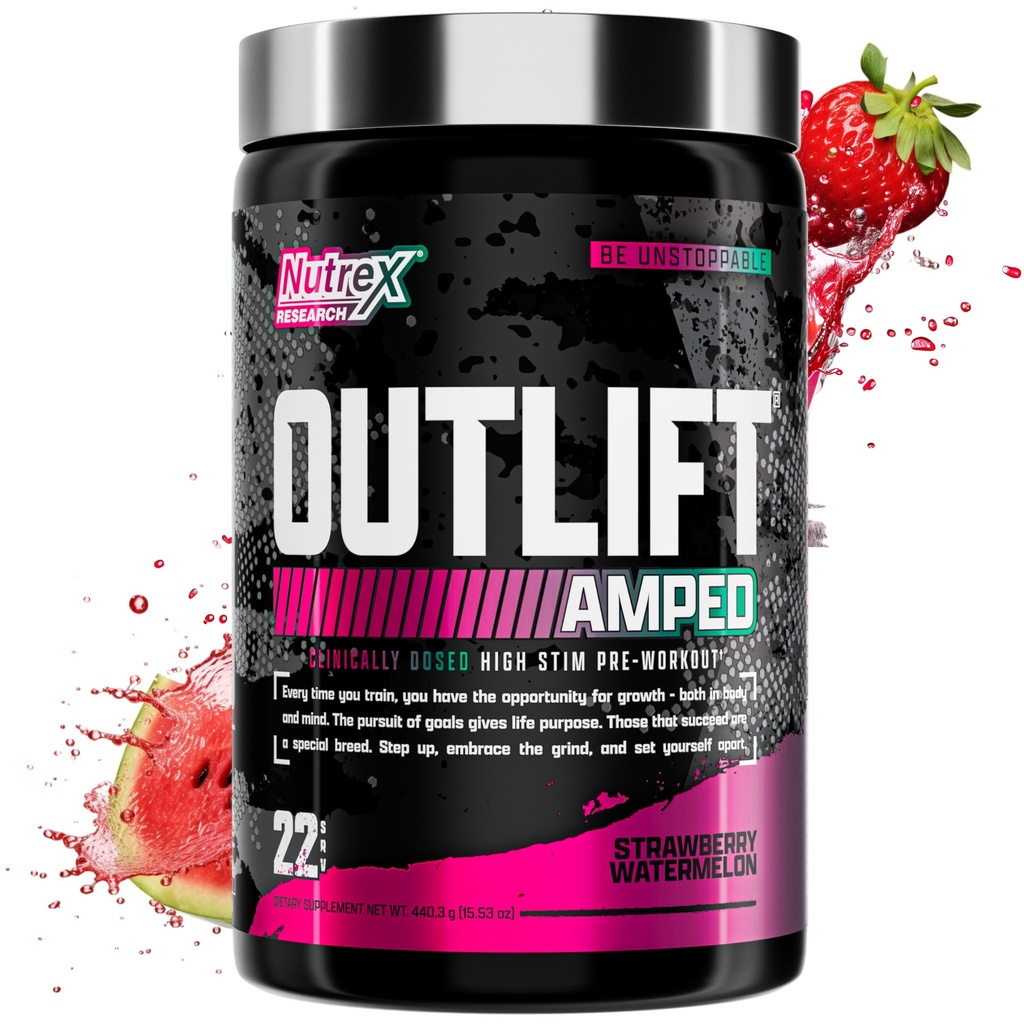 OUTLIFT Amped Max Dosed HIGH STIM Pre Workout Powder 6G Citrulline, 3.2G Beta Alanine, Alpha GPC, CognatiQ, Extreme Energy, Massive Pumps, Electrolytes (Strawberry Watermelon, 22 Servings)