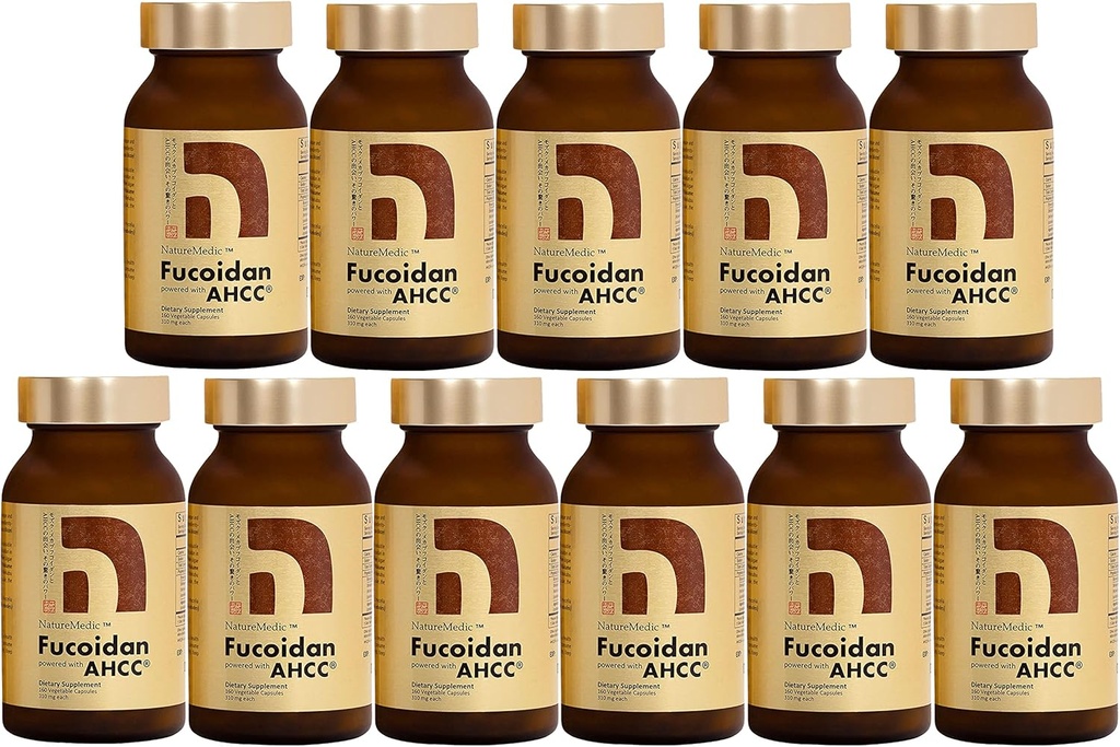 Fucoidan alimentado con AHCC® Brown Seaweed Immunity Supplement with High Purity Organic Mekabu Mozuku Agaricus 10 Bottles + Gratis 1 Botella - 1760 Vegetable Capsules Made in Japan