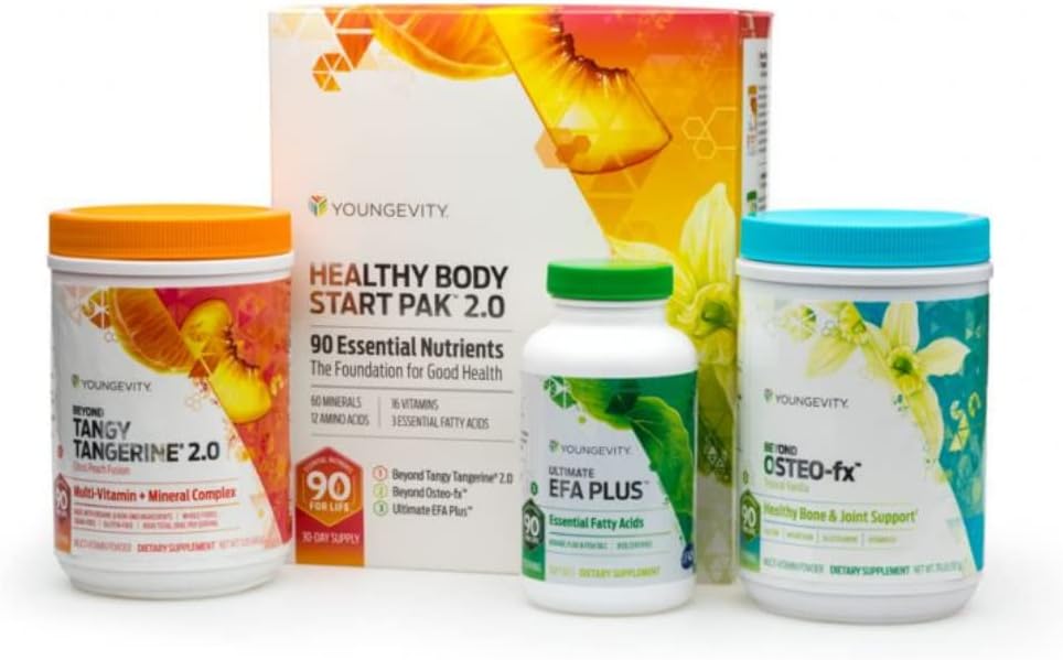 Youngevity Healthy Body Start Pak 2.0 ← Nutrición completa para todo en uno 60 Minerales, 16 Vitaminas, 12 Aminoácidos, 6 ácidos grasos esenciales ← Alimentos completos, Pre/Probióticos + fórmula de bonificación