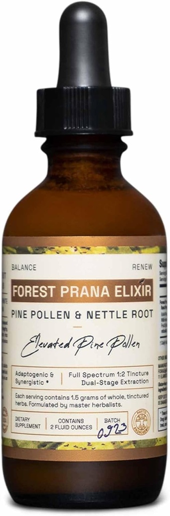 Forest Prana Elixir Pine Pollen and Nettle Root Tincture – 1:2 verdadera extracción de doble escenario – Mountain Harvest Pine Pollen – 2 Fl Ounce Bottle