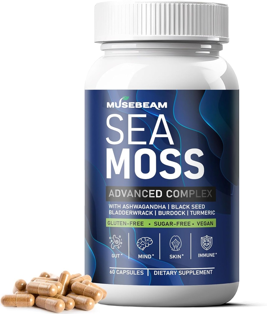 Mar irlandés Moss 6000mg - 2000mg Black Seed Oil Ashwagandha Burdock Root Ginger Capsules - Advanced Seamoss Vitamina Multi Mineral Complex Suplemento píldoras para hombres mujeres