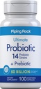 Piping Rock Probiotic and Prebiotic for Women and Men | 50 Billion CFU | 100 Capsules | Ultimate 14 Strain Supplement | Vegetarian, Non-GMO, Gluten Free