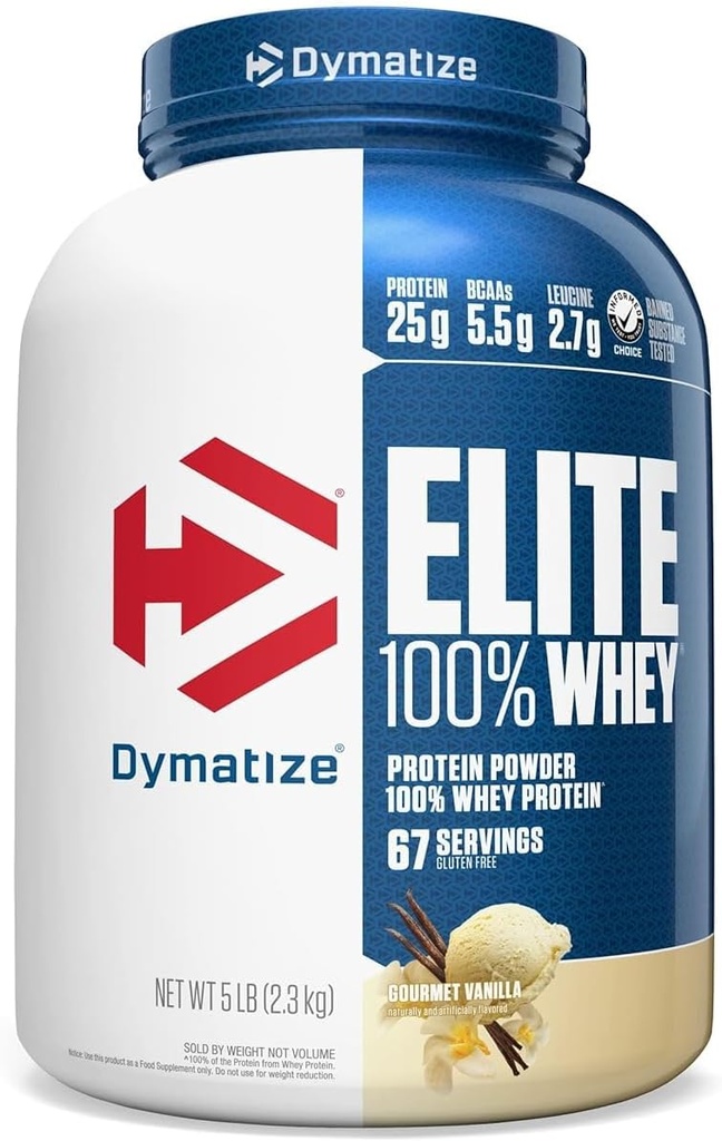Dymatize Elite 100% Whey Protein Powder, Vainilla, 25g de Proteína, 5.5g BCAAs, Menos Than 140 Cal., Gluten Free, 2g Carb, 2g Sugar, 3g Fat (67 Servings)