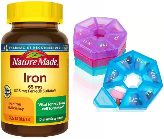 Nature Made Iron 65 mg (325 mg Sulfato de Ferrous) Tabletas, Suplemento dietético para el apoyo a las células rojas de sangre, 365 Tabletas, 365 Day Supply Bunde con organizadores semanales de píldoras