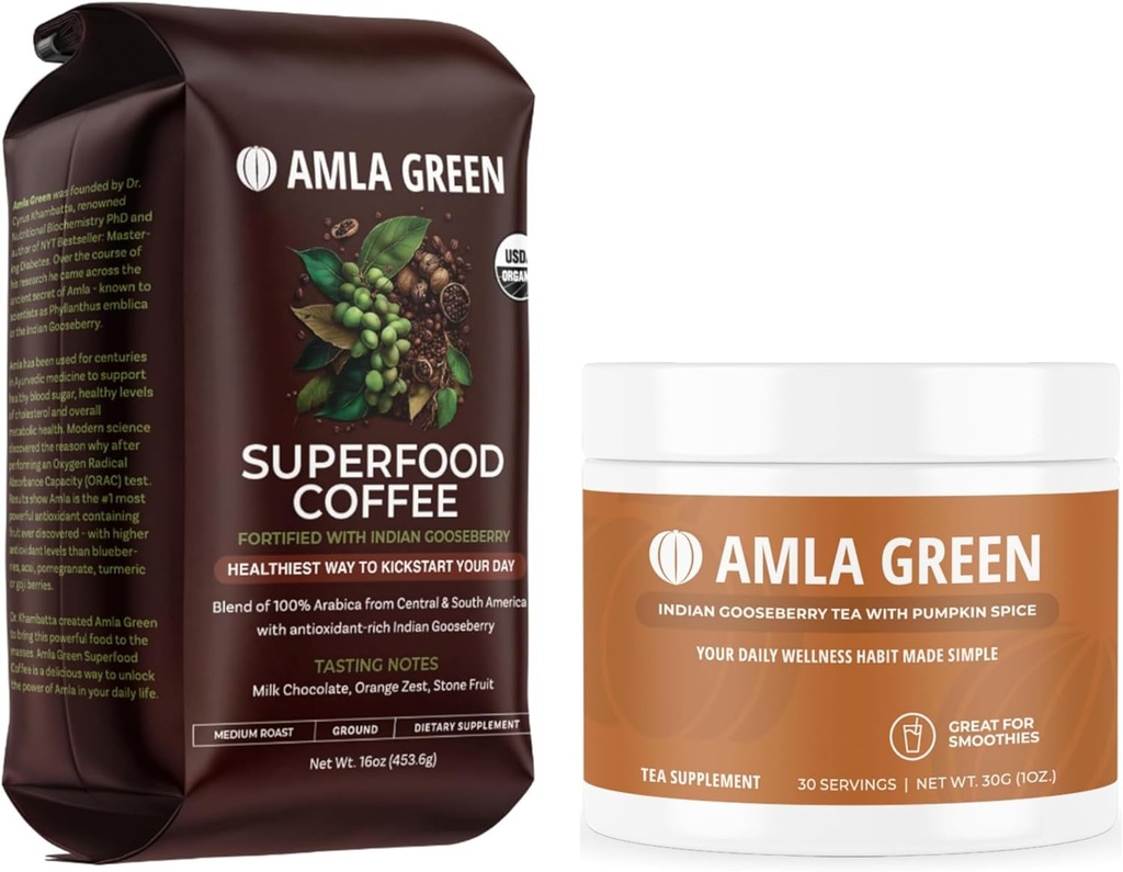 Amla Green Organic Ground Superfood Coffee and Amla Powder Superfood Supplement with Pumpkin Spice, 20x Ultra Concentrated Amla