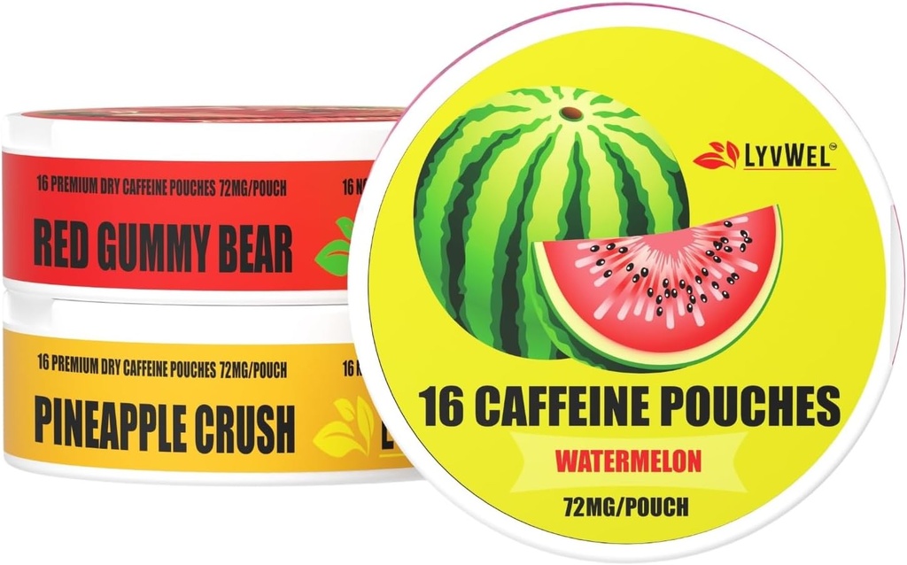 LivWel 72mg Caffeine Energy Pouches – Watermelon, Red Gummy Bear, Pineapple Crush – Juicy Clean Energy with Guarana – 3-Pack (48 Total Pouches)