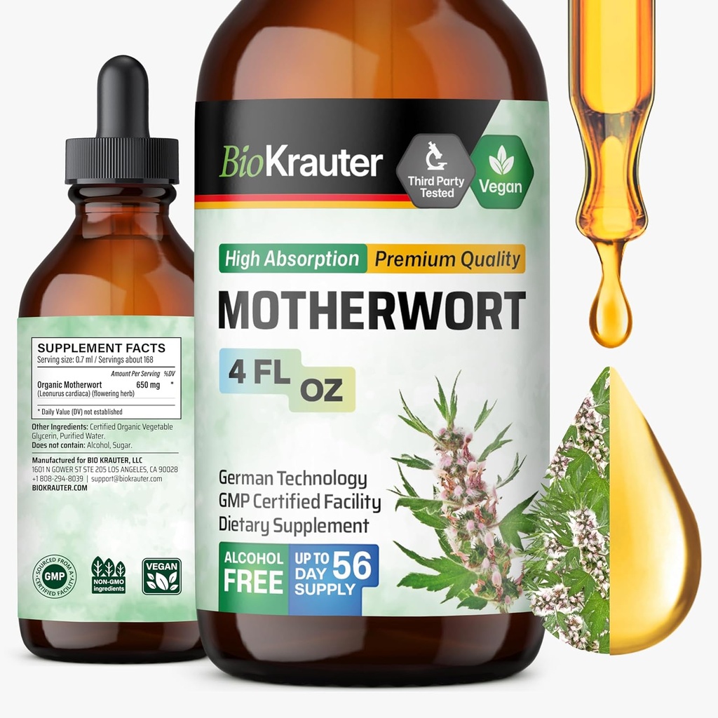 BIO KRAUTER Motherwort Tincture - Motherwort Herbal Extract - Liquid Supplement for Women’s Health - Promote Calm - Alcohol &amp; Sugar Free - Vegan Drops 4 Fl.Oz.