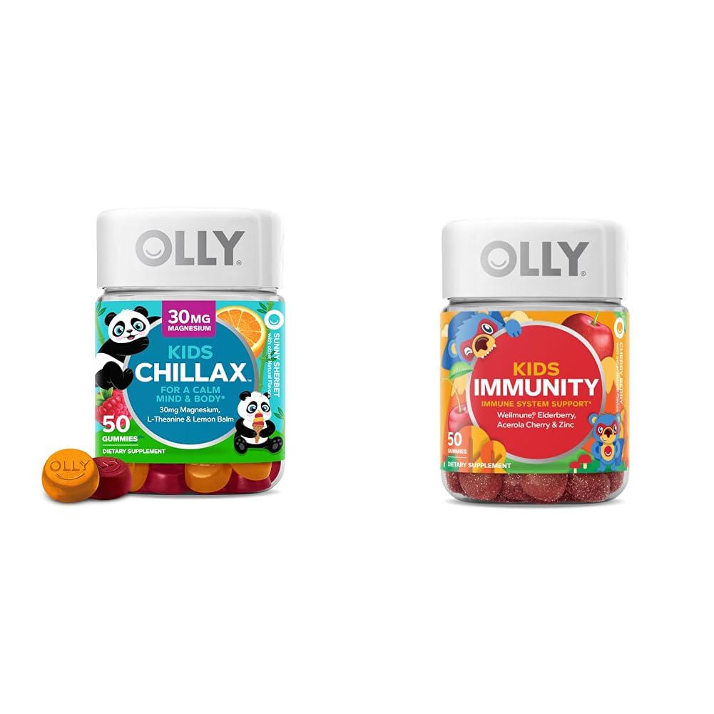 OLLY Kids Chillax, Magnesium Gummies Plus L-Theanine, Lemon Balm &amp; Kids Immunity Gummy, Immune Support, Wellmune, Elderberry, Vitamina C, Zinc, Chewable Supplement, Cherry - 50 Count