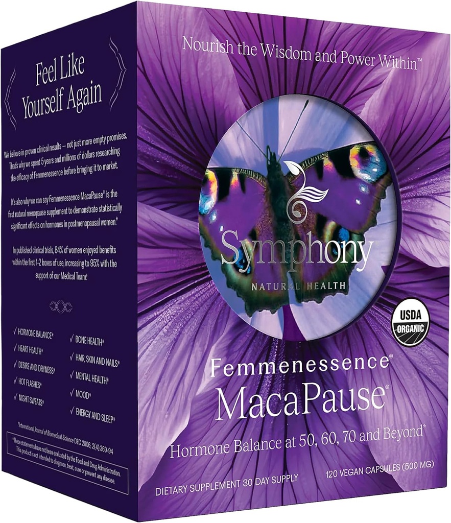 Femmenessence® MacaPause® – Suplemento Postmenopáusico Producido Clínicamente para Balance de Hormonas Naturales, Alivio del Síntoma de la Menopausia, Hueso & Salud del Corazón, Sin Hormonas Añadidas (120 cápsulas, 30 Day Supply)
