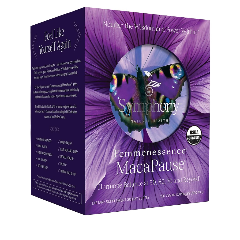 Femmenessence® MacaPause® – Suplemento Postmenopáusico Producido Clínicamente para Balance de Hormonas Naturales, Alivio del Síntoma de la Menopausia, Hueso & Salud del Corazón, Sin Hormonas Añadidas (120 cápsulas, 30 Day Supply)