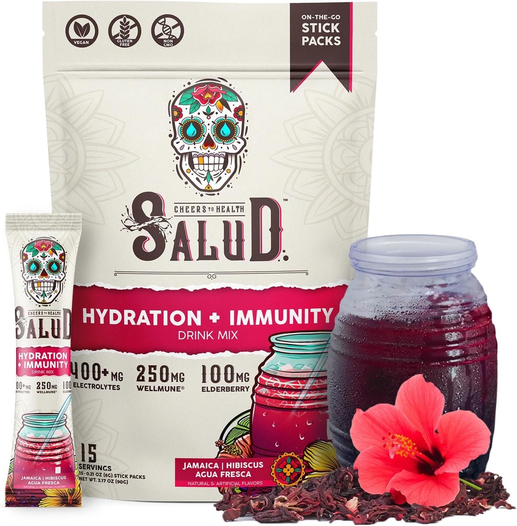 Salud 2-en-1 Hidration Packets + Immunity Electrolytes Powder, Hibiscus - Jamaica Agua Fresca Drink Mix, Elderberry, Dairy &amp; Soy Gratis, No Gluten Free, Vegan, Baja Calorie, 1g Sugar (15 Servings)
